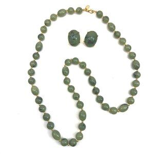 Joan Rivers jadeite green beaded necklace and matching earrings SET, signed